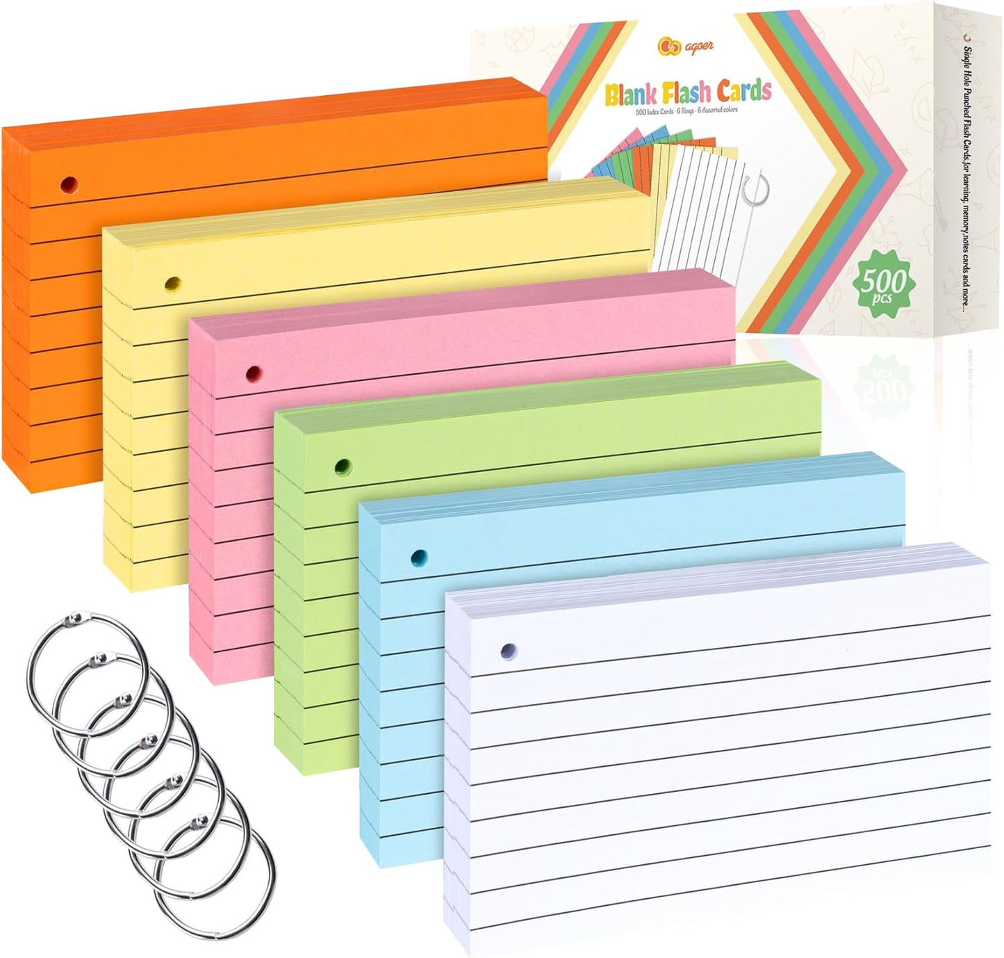 500PCS Index Cards with Ring,3 x 5 Inches Flash Cards,Punched Lined Flashcards,Heavy Study Note Card,Vocabulary Cards,Colored Ruled Note Cards for Office,School,Home,Learning,College