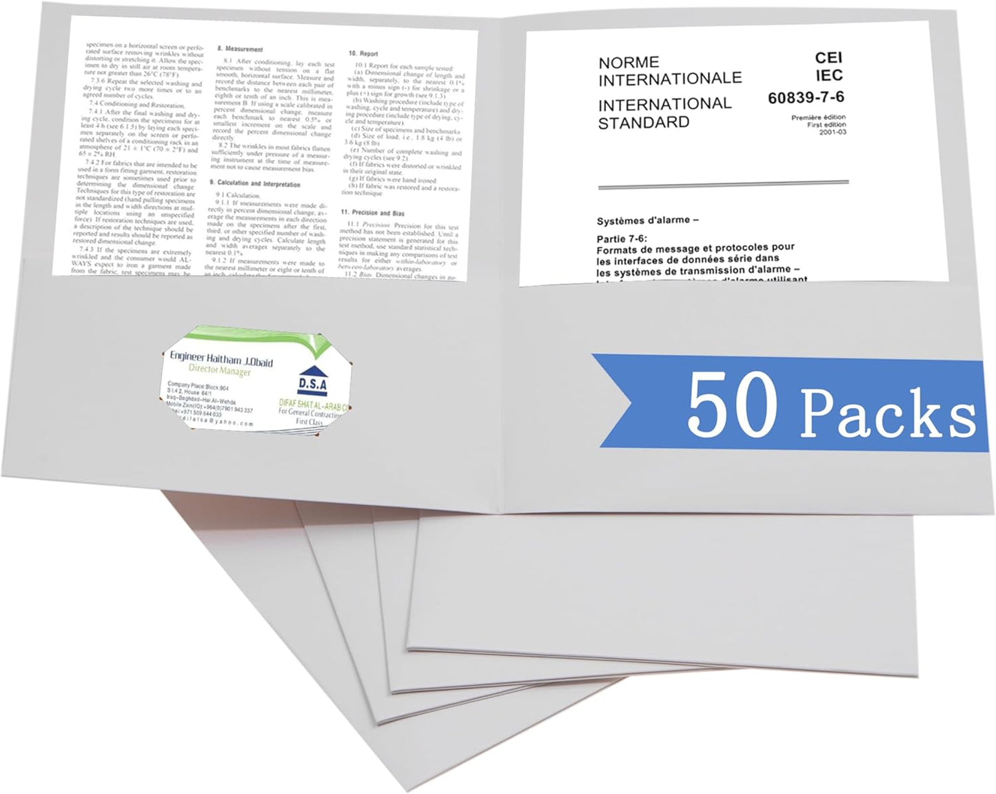 Zzrywuty 50 Packs Two Pocket File Folders with Business Card Slot,Textured Paper,Letter Size,Holds 100 Sheets for School,Office,Business,White