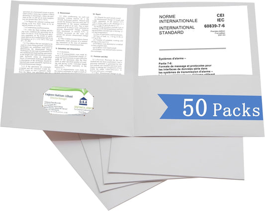 Zzrywuty 50 Packs Two Pocket File Folders with Business Card Slot,Textured Paper,Letter Size,Holds 100 Sheets for School,Office,Business,White