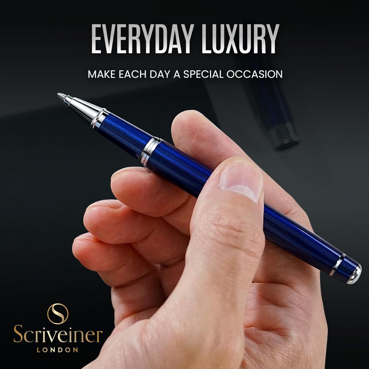 Scriveiner Personalized Midnight Blue Pen - Stunning Blue Lacquer Luxury Pen, Chrome Finish, Schmidt Ink Refill, Best Engraved Roller Ball Gift Set for Men & Women, Custom Name Engraving