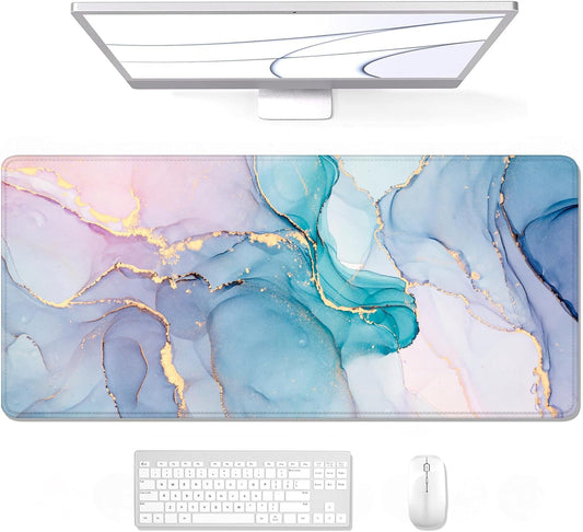 Auhoahsil Large Gaming Mouse Pad, Marble Theme XXL 35.4 x 15.7 in Desk Pad Stitched Non-Slip Rubber Long Computer Mousepad Thin Extended Full Size Desk Mat for Desktop Laptop Wireless Mice, Teal Pink