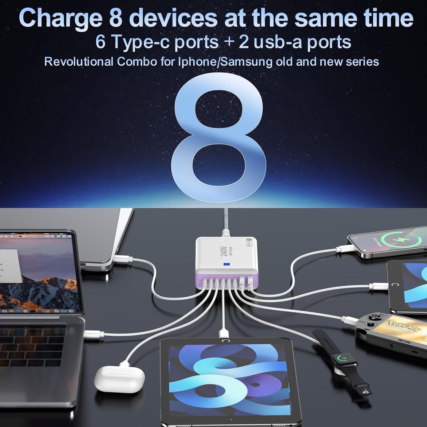 Type C Charger 240W, USB C Charger Block Fast Charging 8 Ports, PD 65W GaN III Laptop Charger Adapter Compatible with MacBook Pro/Air,DELL,Steam Deck,iPhone 15/14/13,Galaxy S23/22, More Gadgets