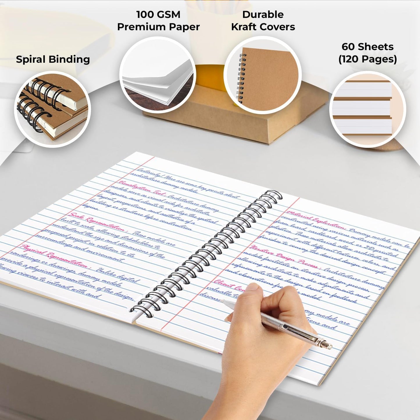 48 Pack Wide Ruled Kraft Spiral Notebook, 5.8 x 8.3, 120 Pages (60 Sheets), No-Bleed, 100 GSM, Bulk Lined Journal Notebooks for Writing, Memo Diary Planner School Travel Office Supplies