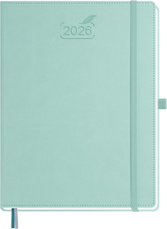 BEZEND 2026 Planner Weekly and Monthly (8.5" x 11") Daily Calendar with Half-Hourly Timeslots & Tab (Jan-Dec) Note & Expenses, Pen Holder, Inner Pocket, Vegan Leather Hardcover - Mint Green