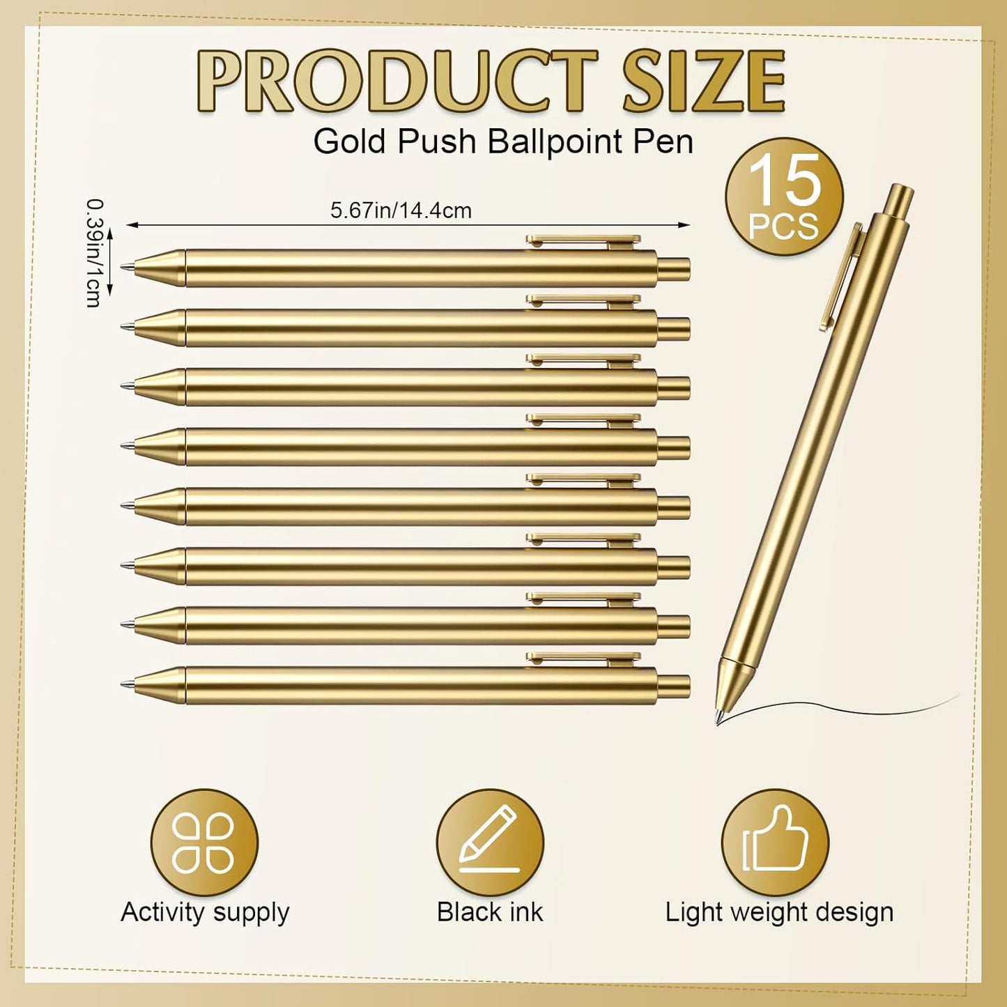 15 Pcs Gold Metallic Slim Ballpoint Pens Bulk Retractable Black Ink Medium Point (0.5mm) Smooth Writing Pens for Wedding Bridal Shower Business Office Students Teachers (Classic Style)