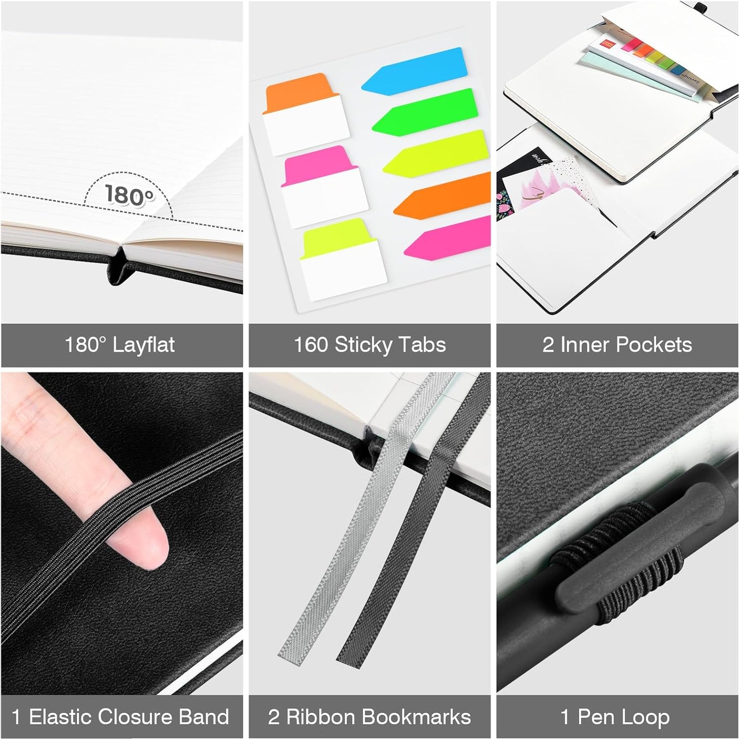 OMEYA Lined Journal Notebook, 3 Pack A5 College Ruled Notebooks for Work, Hardcover Notebook Each with 2 Pockets & Pen, Leather Journal for Women, Men, 160 Pages, 100GSM Thick Paper (Black)