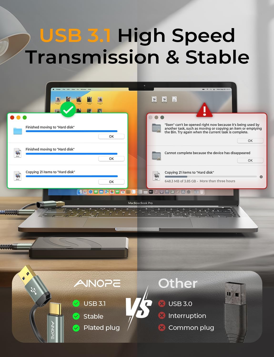 AINOPE 10Gbps Micro B to USB C External Hard Drive Cable 1.5FT, Nylon Braided External Hard Drive Cord Compatible with MacBook Pro/Air, Tablet/iPad, WD Seagate Toshiba Westgate, Samsung Galaxy S25