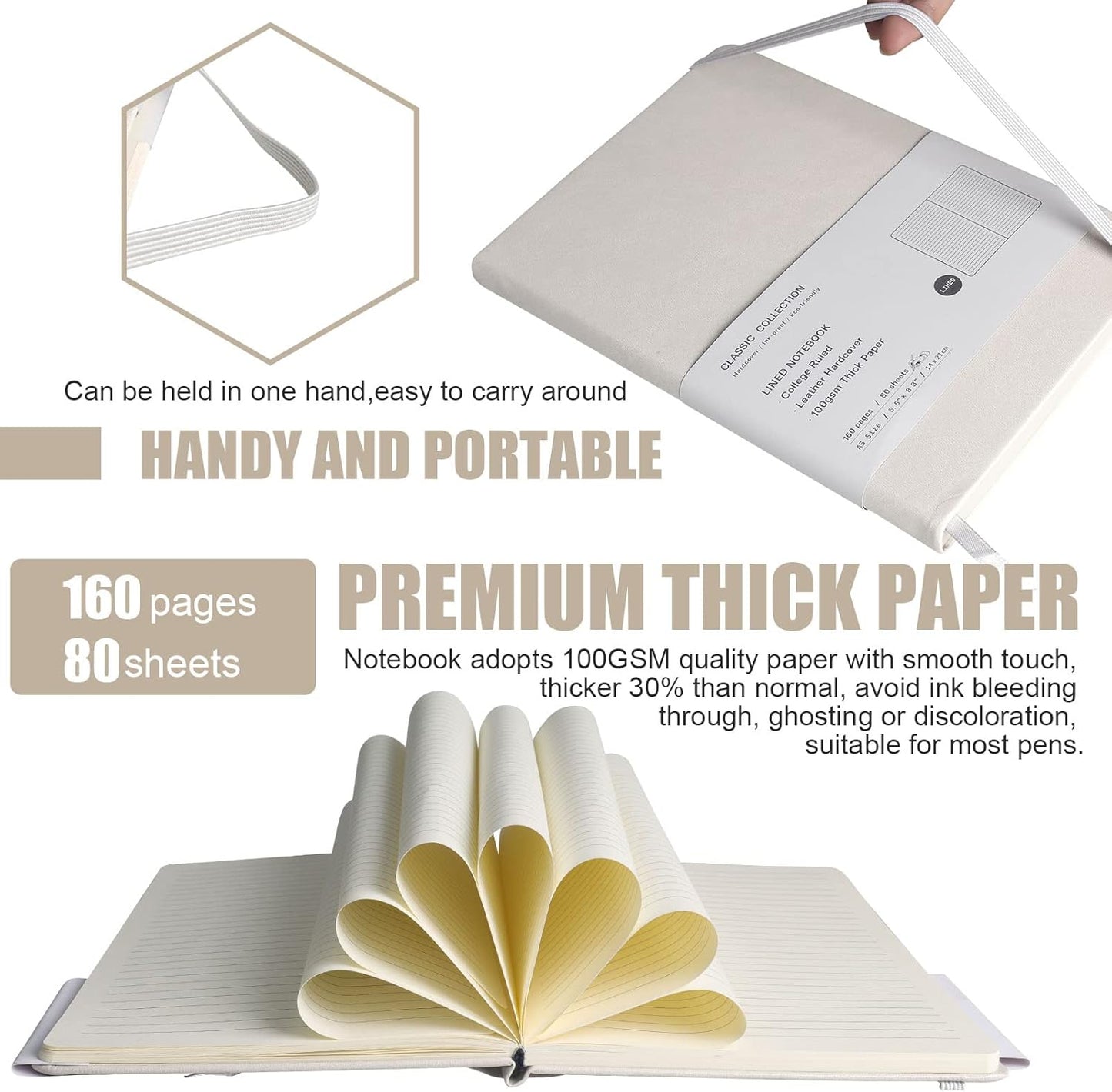 Lined Journal Notebook, (White), 160 Pages, Medium 5.7 inches x 8 inches - 100 gsm Thick Paper, Hardcover