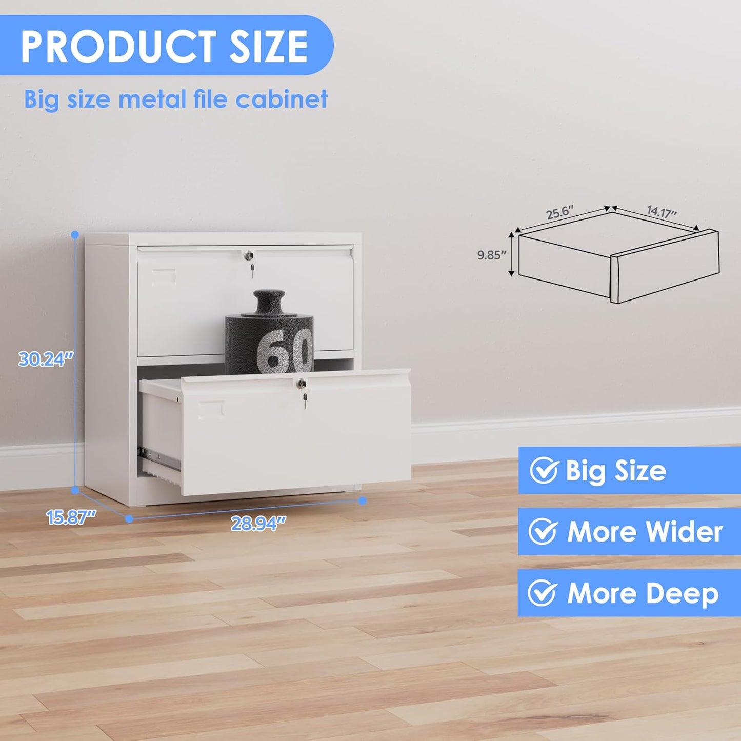 2 Drawer Lateral File Cabinet, Metal Wide Filing Cabinet with Independent Locks, Home Office Furniture for Hanging Files Letter/Legal/F4/A4 Size, Assembly Required, White