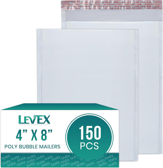 Levex - #000 4" x 8" [150 Pack] Poly Bubble Mailers, Padded Envelope Mailers, Packing Envelope & Mailing Bags for Shipping