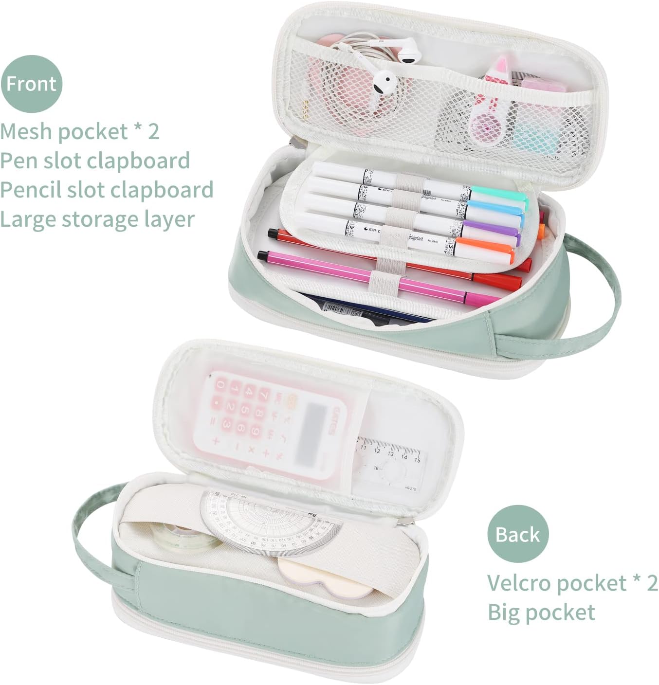 Dugio Big Pencil Case for Girls Teens Kids Zipper Pencil Pouch with Handle Organizer Pencil Bag Aesthetic Pencil Pen Case for School Green