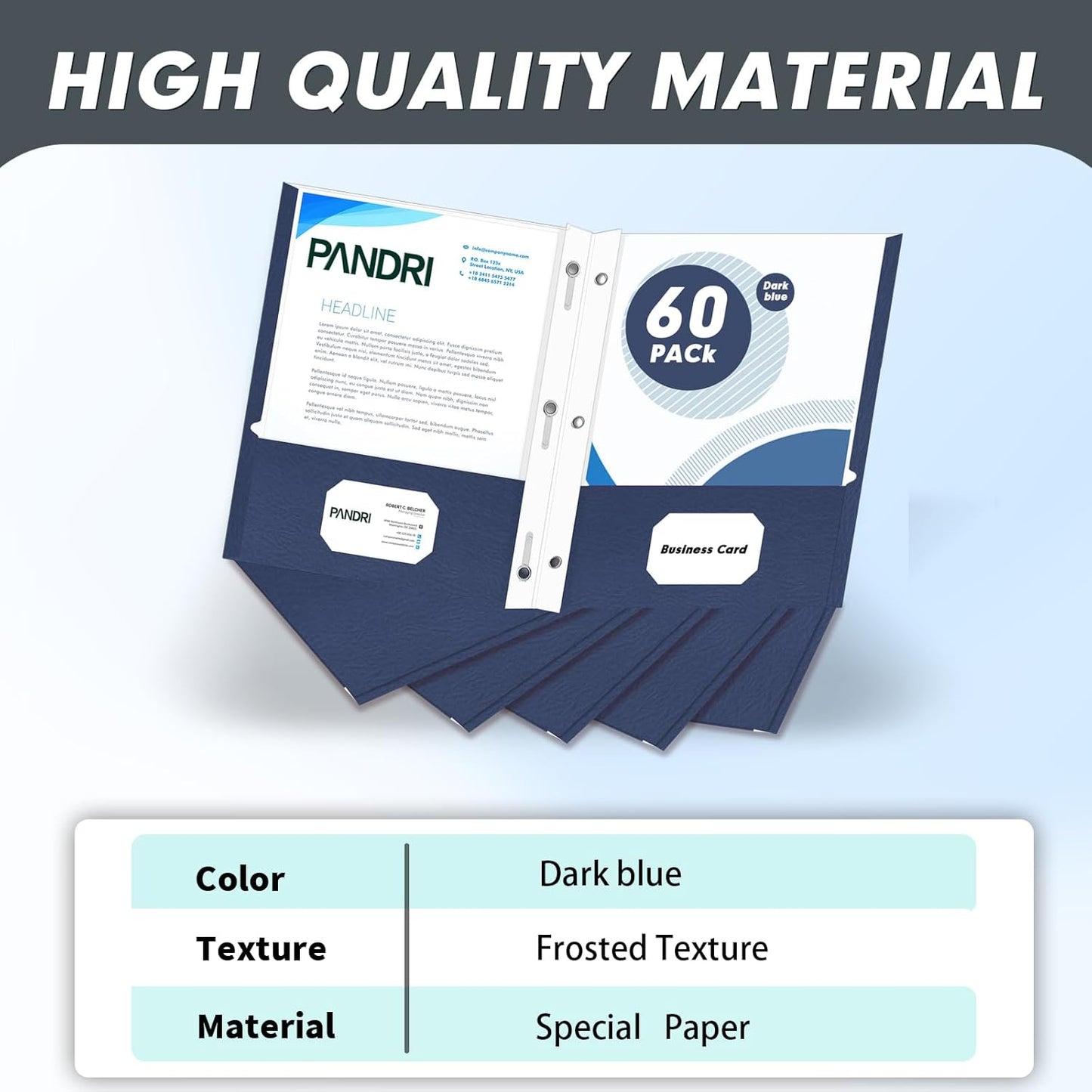 Two Pocket Folders, PANDRI 60 Pack Two Pocket Folders with Prongs, 3 Prong Folders Designed for Office and Classroom, Letter Size Darkblue