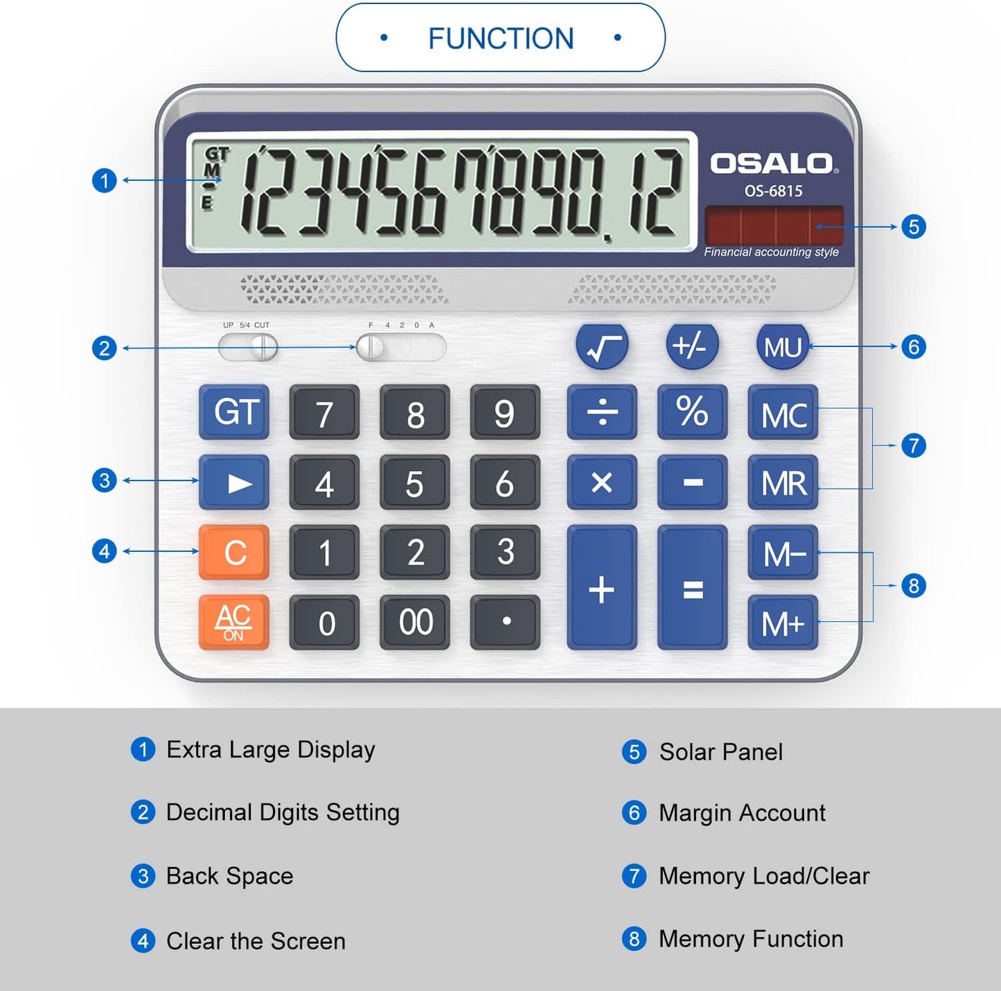Desktop Calculator Extra Large 5-Inch LCD Display 12-Digit Big Number Accounting Calculator with Giant Response Button, Battery & Solar Powered, Perfect for Office Business Home Daily Use(6815-2pcs)