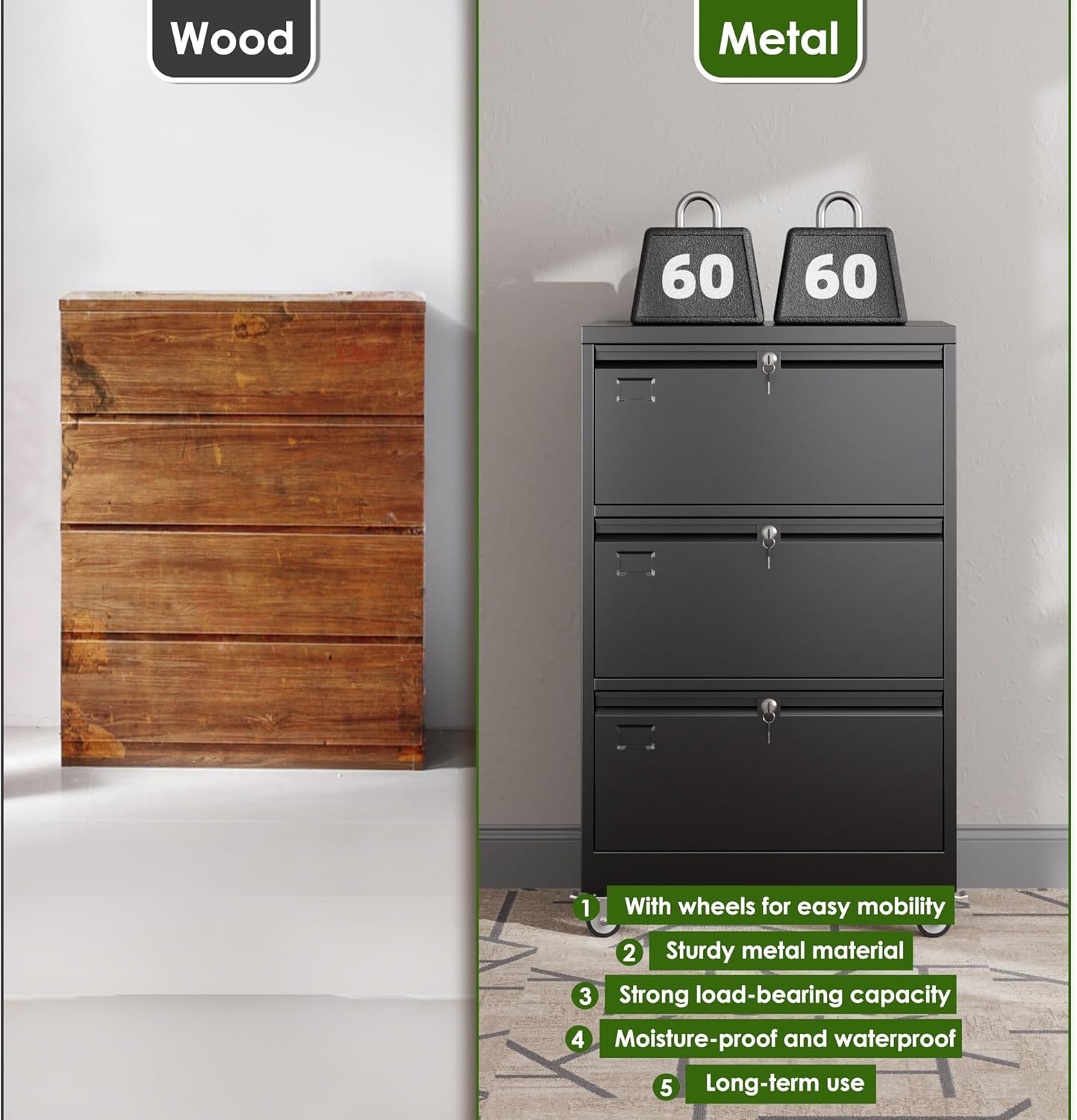 Aobabo 3 Drawer Wide File Cabinet with Wheels, Lockable Metal Filing Cabinet for Home Office, Legal/Letter Size,Black,Required Assembled,15.87" D x 28.94" W x40.48 H