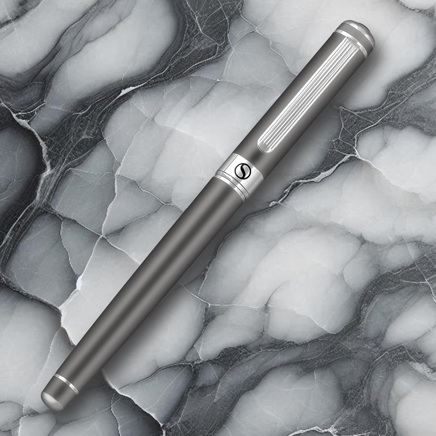 Scriveiner Dark Grey Rollerball Pen - Stunning Luxury Pen With Chrome Finish, Schmidt Ink Refill, Best Roller Ball Gift Set for Men & Women, Professional, Executive Office, Nice Pens