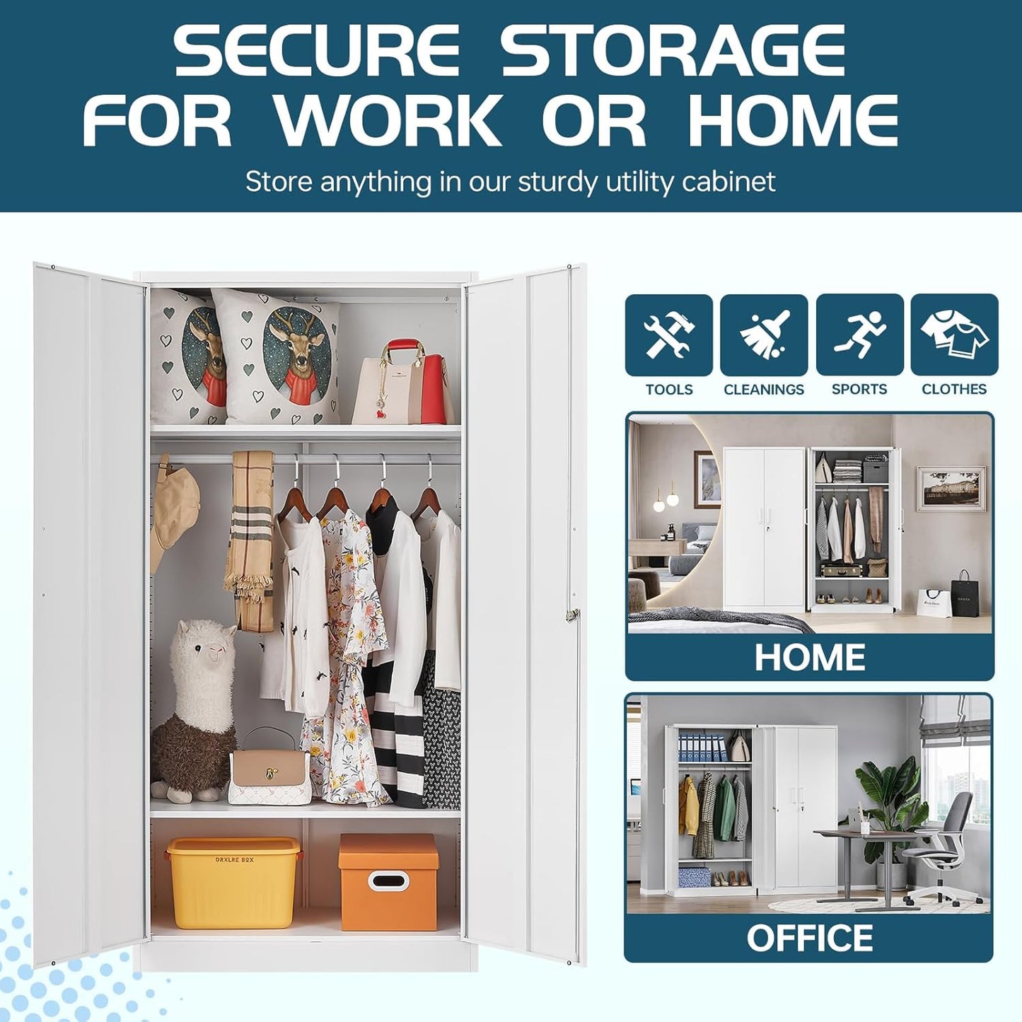 MIIIKO Metal Clothing Storage Locker, Steel Wardrobe Cabinets with Shelves and Hanging Rod, 72" Large Storage Locker Closet for Garments, Sports Equipment and Shoes