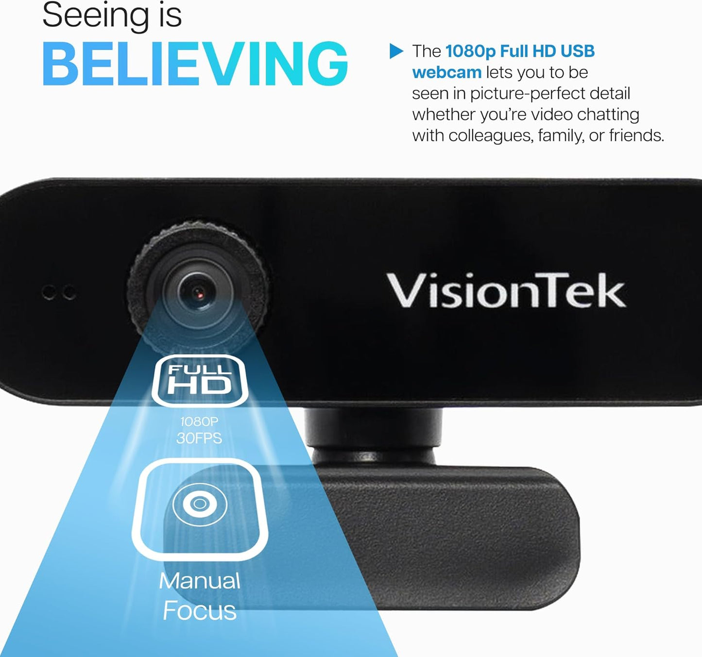VisionTek VTWC30 Premium Full HD (1080P 30FPS) Webcam, for Windows, Mac, Linux, & Chromebook with Digital Dual Microphones, Manual Focus Lens, Privacy Cover, 83-Degree Viewing Angle