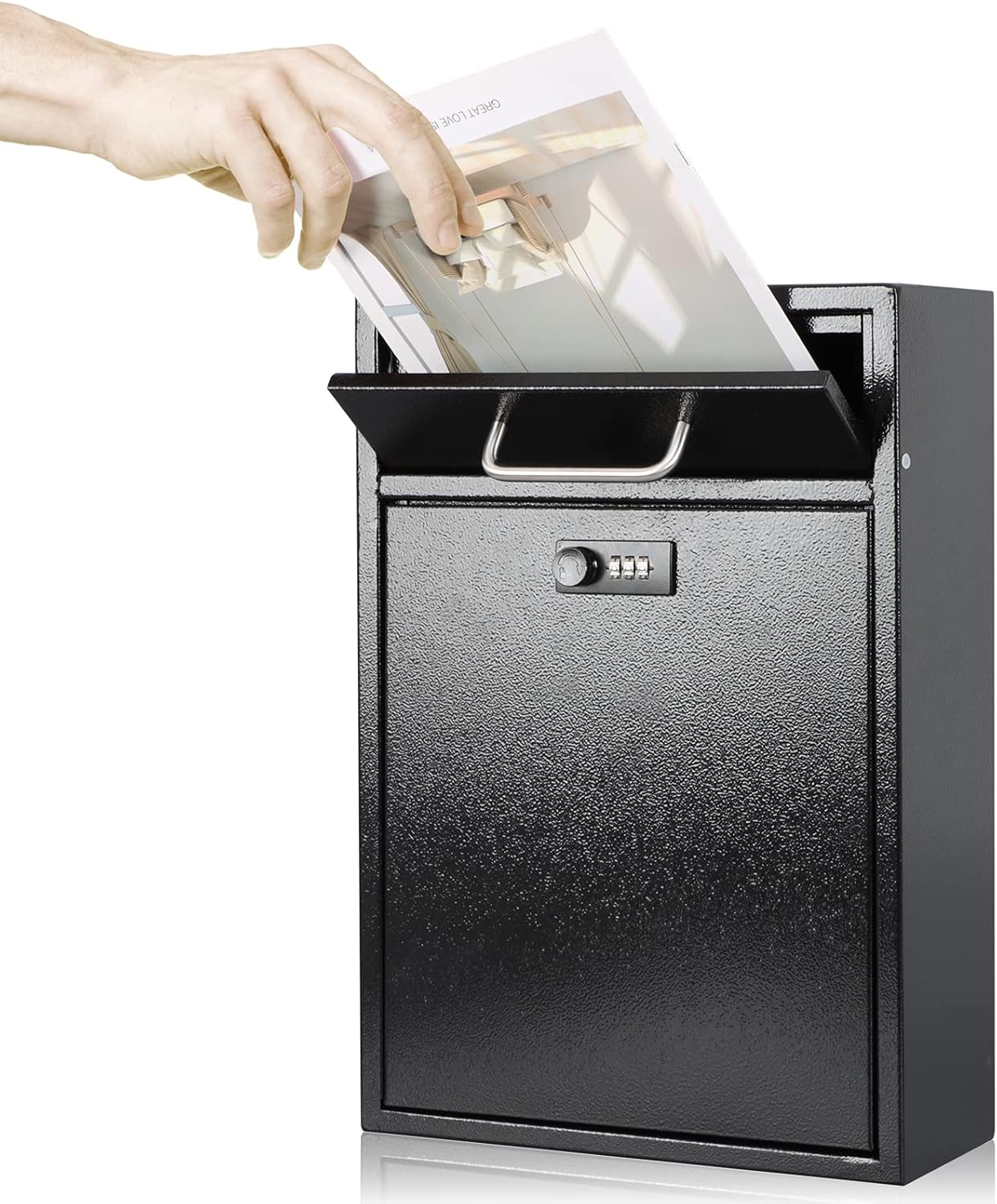 KYODOLED Steel Combination Lock Mail Boxes Outdoor,Locking Wall Mount Mailbox,Security Lock Drop Box,Collection Boxes,16.2H x 11.22L x 4.72W Inches,Black X Large