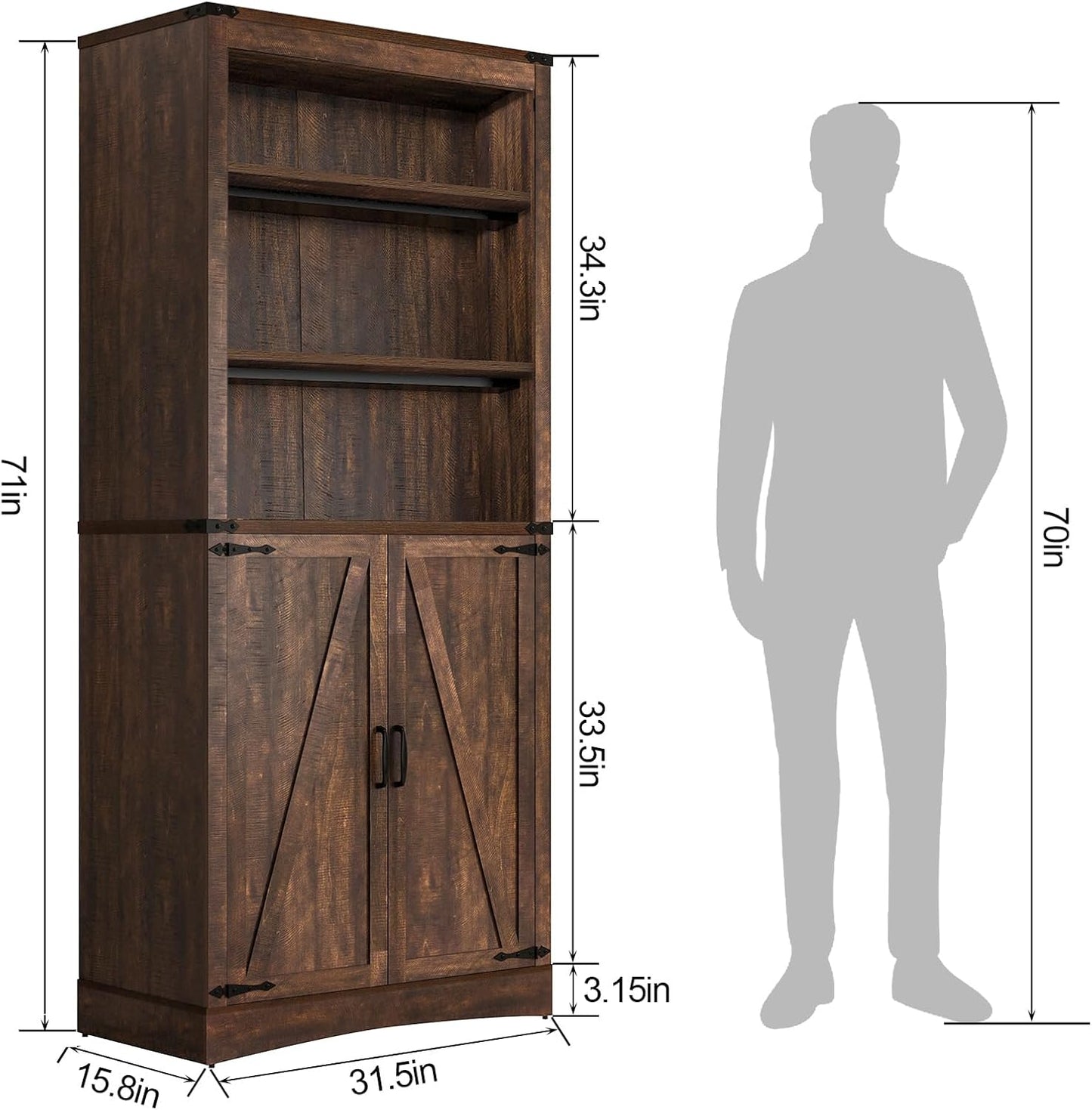 71in Farmhouse Kitchen Pantry Cabinet,Tall Storage Cabinet with 2 Doors and Adjustable shelves,with Load-Bearing Steel Pipe,Wood Storage Cabinets for Kitchen,Dining Room,Bathroom(Brown)