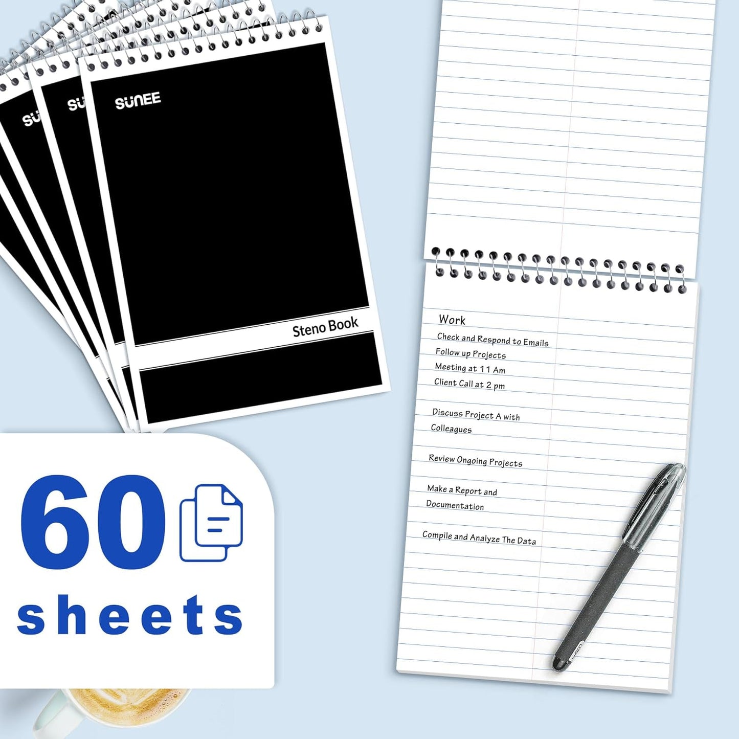 SUNEE 12 Pack Steno Pads 6x9, Gregg Rule, 60 Sheets, Spiral Notebook 6x9, White Paper, Take Notes with Top Spiral Notebook, for School, University, College, Work, Office, Black