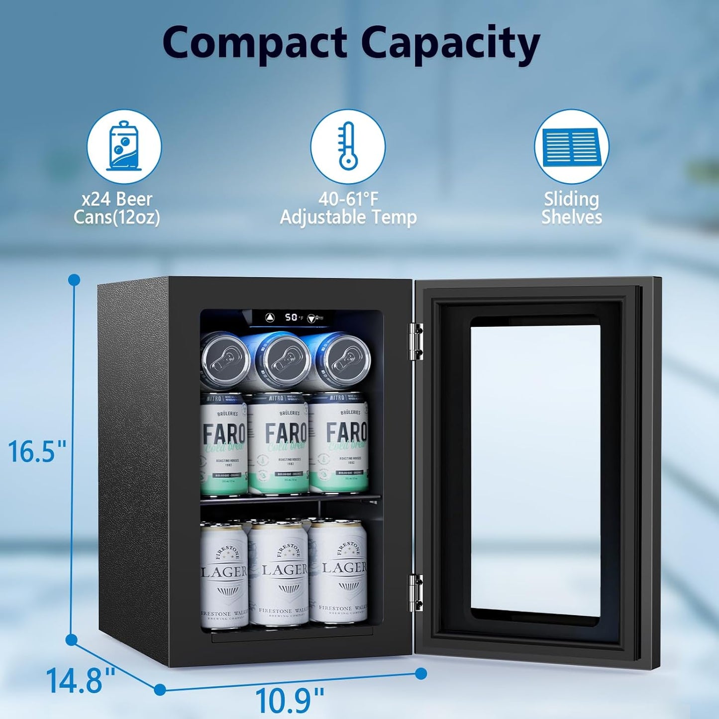 COWSAR Beverage Refrigerator 24-Can Mini Fridge, ETL Approved Countertop Wine Cooler Small Adjustable Digital Thermostat, LED Light, Freestanding Countertop Drink Refrigerator for Home, Bar & Office