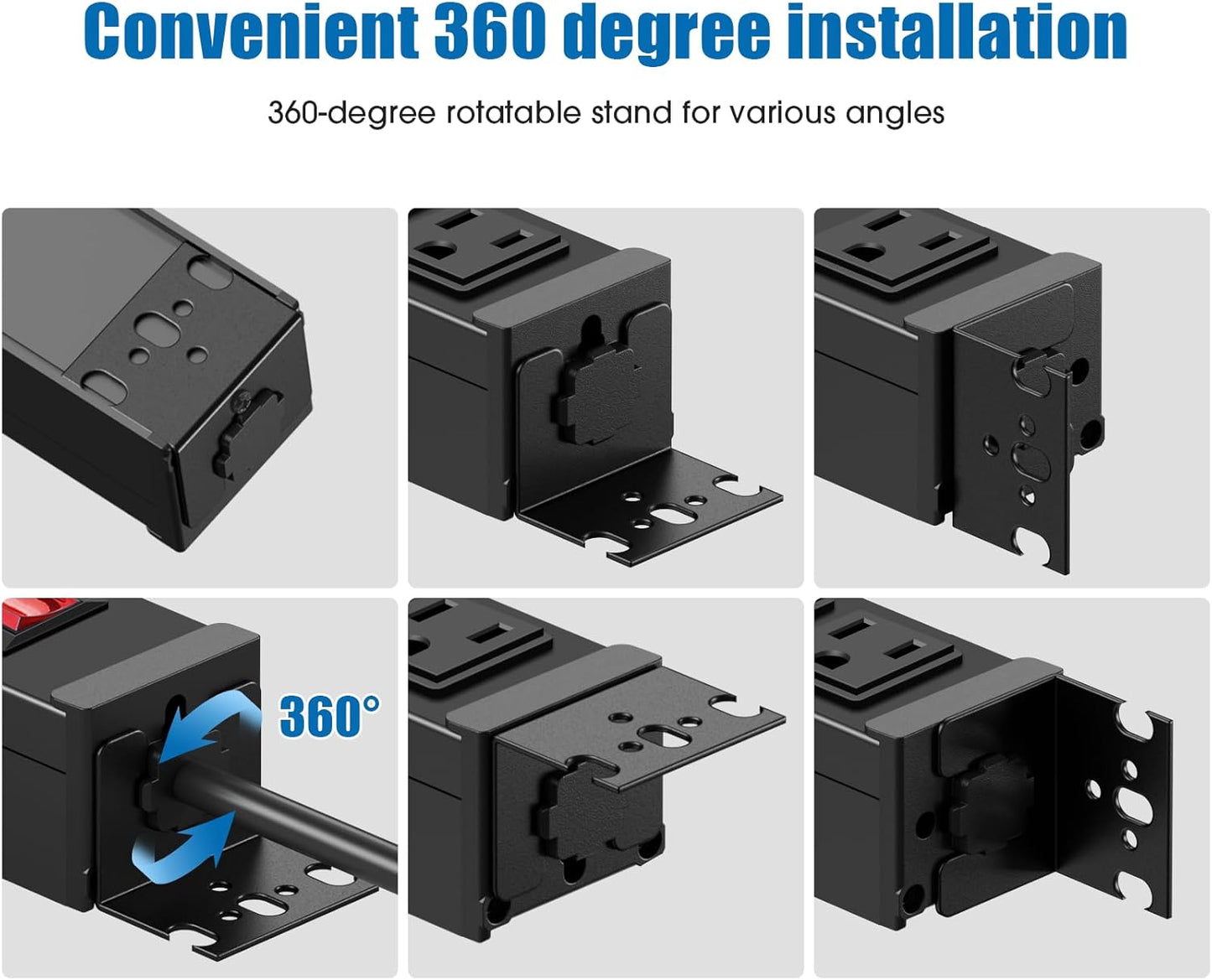 HHSOET Rotating Mountable Power Strip, 12 Outlet Wall Mount Surge Protector, Metal Heavy Duty and Versatile Outlet Strip, Stylish Appearance, Sturdy and Durable, 3ft Power Cord.(Black)