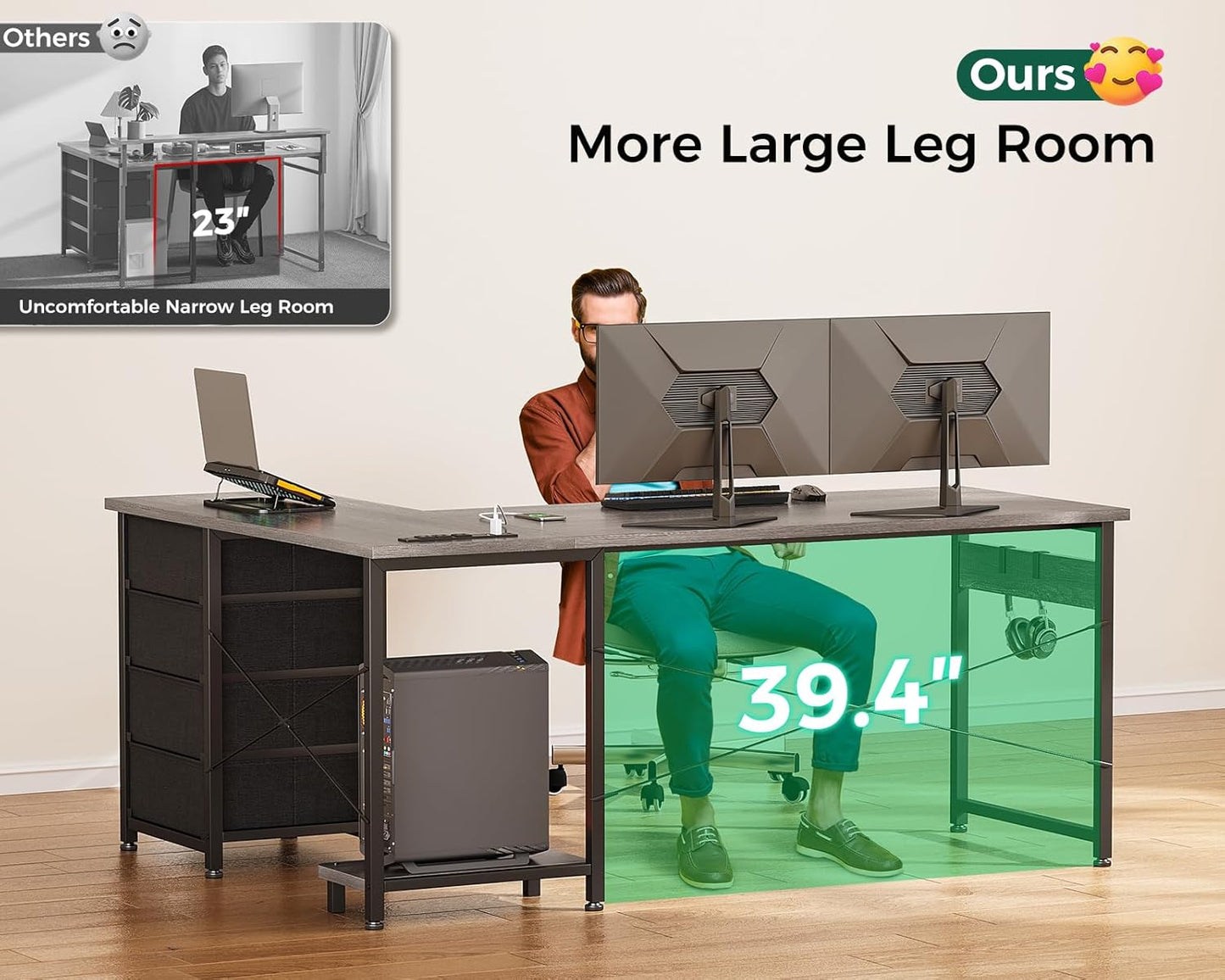 Casaottima L Shaped Desk with 4 Tier Drawers, 53" Gaming Desk with Power Outlets & USB, Reversible L-shaped Computer Desk with CPU Stand, Home Office Corner Table with Storage, Easy Assemble, Grey Oak