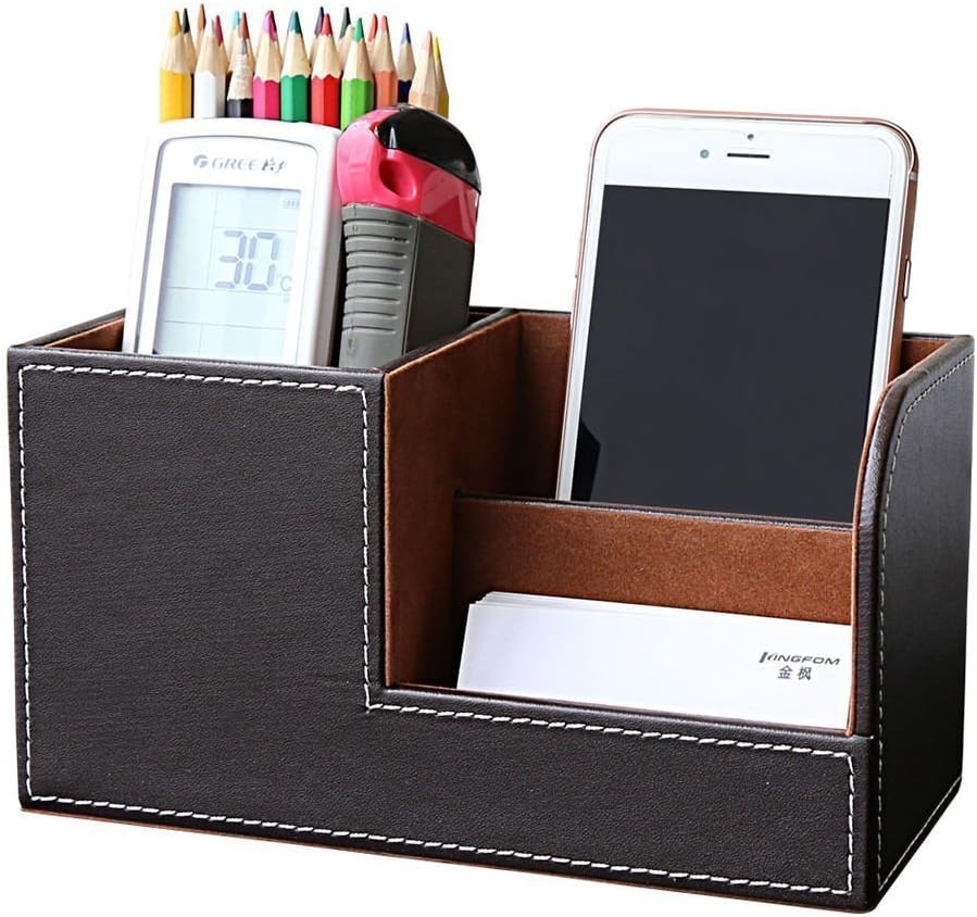 KINGFOM 3PCS/SET Desk Organizer Sets Leatherette Office Accessories Supplies Including Tissue Holder,Pencil Holder and Business Name Cards Stand Brown