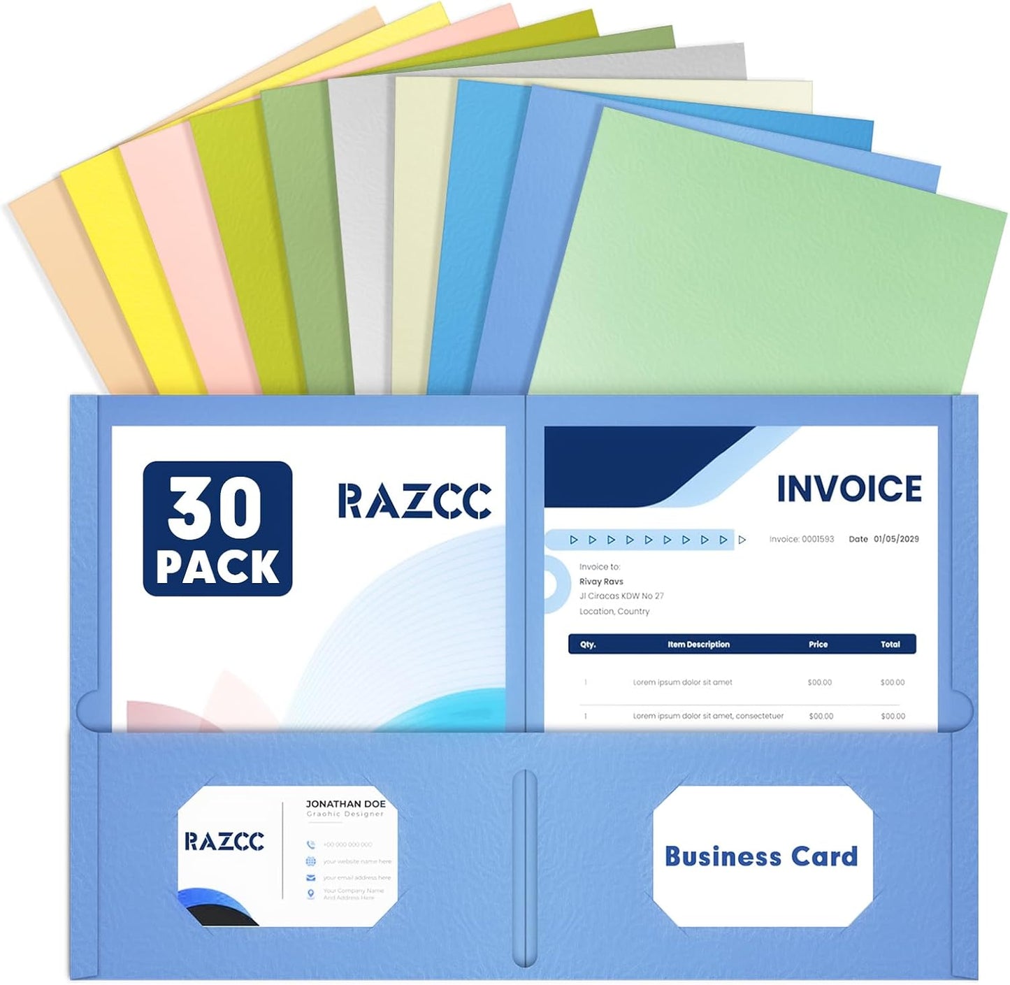 Two Pocket Folders, RAZCC 30 Pack File Folders with Pockets Fit Letter Size Paper, Thick Paper File Folder for School Office Business Home, Assorted 10 Colors