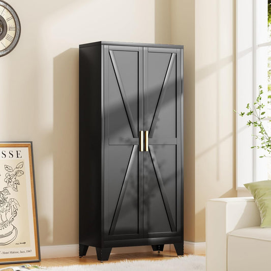 61H Metal Storage Cabinet with 2 Doors and 4 Shelves,Farmhouse Storage Cabinet with Barn Doors,Pantry Storage for Home,Office,Bathroom,Dining Room,Kitchen(Black)