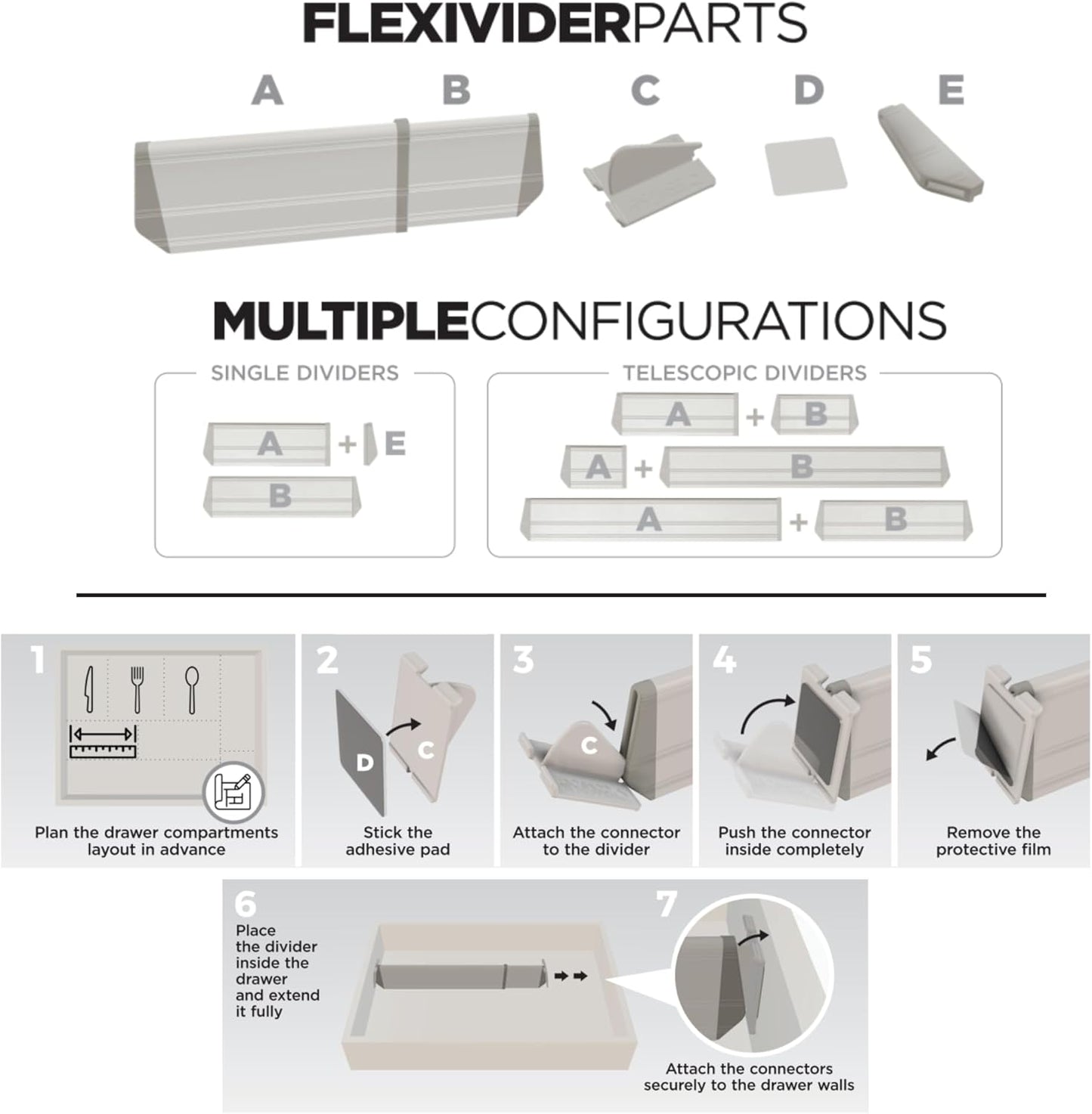 Practical Comfort FLEXIVIDER Aluminum Drawer Organizer - 9 Telescopic Dividers Set - Bronze