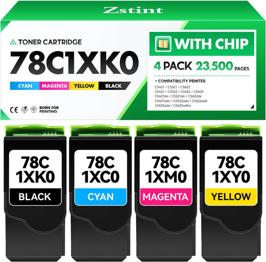 78C1XK0 78C1XC0 78C1XM0 78C1XY0 Toner Cartridge Set 4-Pack Printer High Yield Replacement Compatible with Lexmark CS421dn CS521dn CS622de CX421adn CX522ade CX622ade CX625ade CX625adhe Laser Ink Black