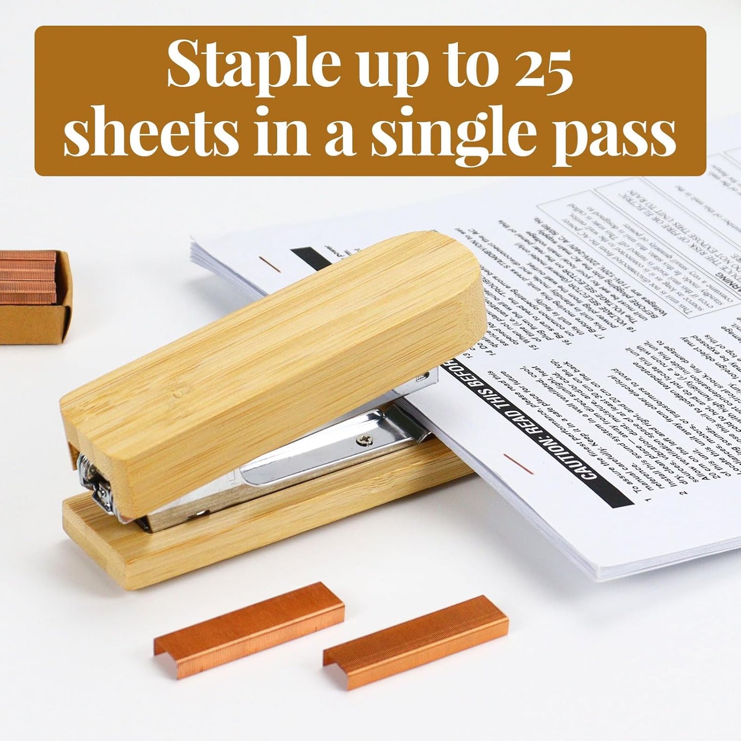 Buqoo Bamboo Office Supplies Desk Organizers, Wood Sticky Notes Holder Tape Dispenser Cutter Wooden Stapler for Office Home School