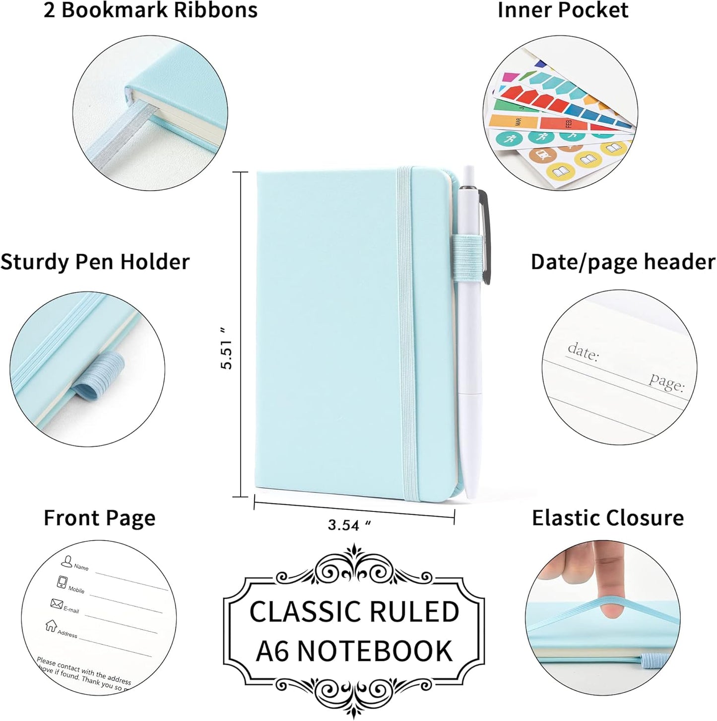 feela 15 Pack Pocket Small Notebooks Bulk, Mini Cute Memo Notepads Hardcover College Ruled Lined Journals with Pen Holder for Women Girls Office School, with 15 Black Pens, 3.5”x 5.5”, A6, Sky Blue
