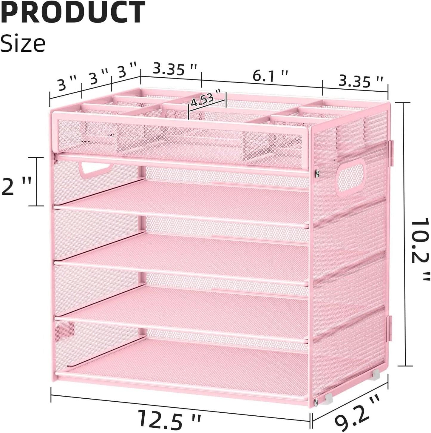 Marbrasse 5-Tier Letter Tray Paper Organizer with Handle, Multi-Functional Mesh File Organizer for Desk, Adjustable Compartments Mesh Desktop Storage for Office Supplies, Pink
