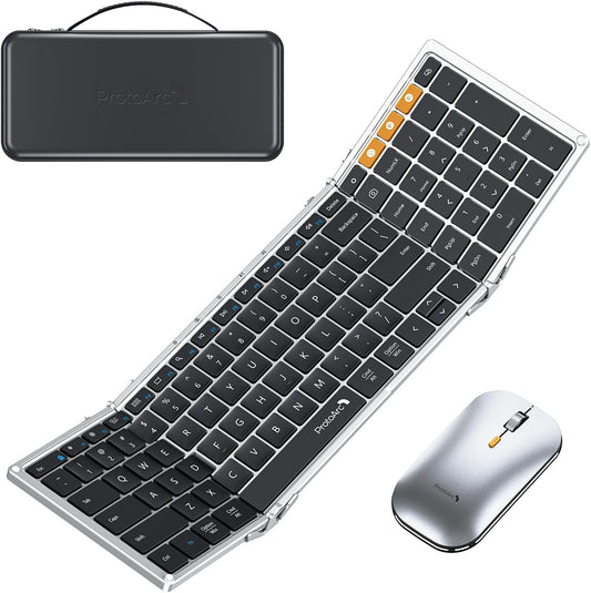 ProtoArc Foldable Keyboard and Mouse, XKM01 True Full-Size Folding Wireless Keyboard Mouse for Business Travel, a Portable Office Suite On-The-Go, Compatible with Laptop iPad Tablet - Black Silver