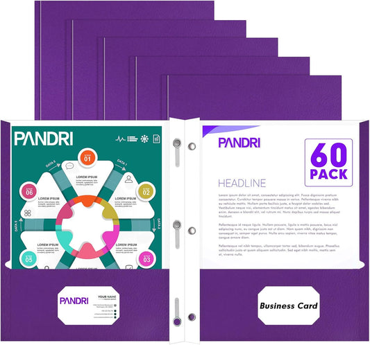 Two Pocket Folders, PANDRI 60 Pack Two Pocket Folders with Prongs, 3 Prong Folders Designed for Office and Classroom, Letter Size Purple