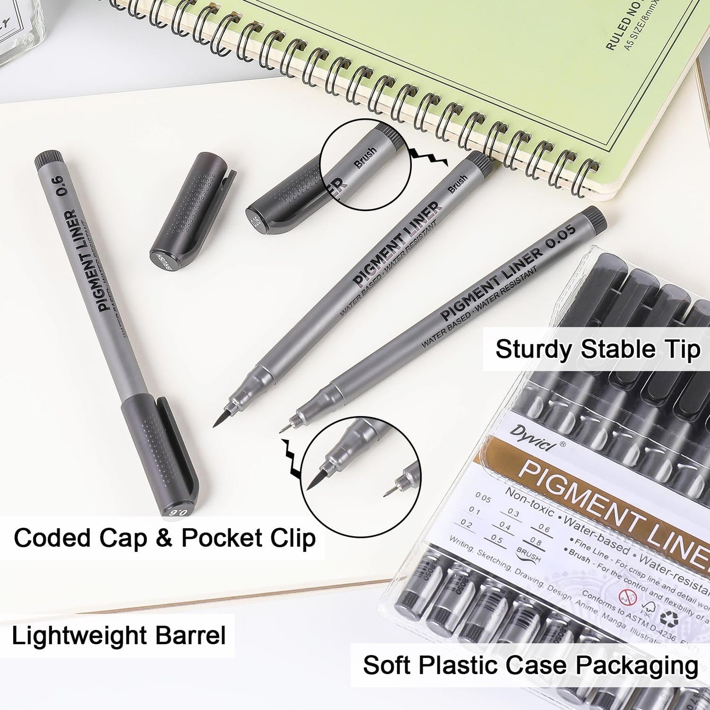 Dyvicl Micro-Pen Fineliner Pens, Black Pigment Liner Multiliner Archival Ink Micro Fine Point Pens for Drawing, Sketching, Journaling, Doodling, 9 Pack