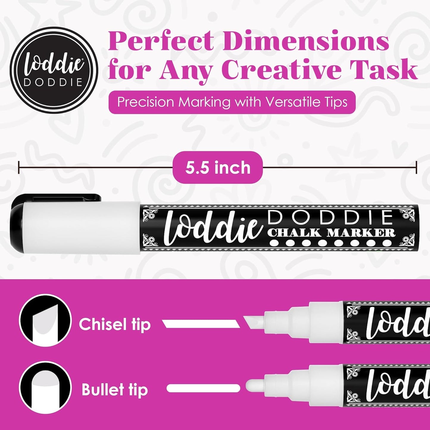 Loddie Doddie Liquid Chalk Markers - Pack of 4, 6mm White Chalk Markers for Chalkboard, Window, Glass & Bistro, Bullet & Chisel Tip - Erasable Ink Pens for Blackboard - Chalkboard Pens Erasable