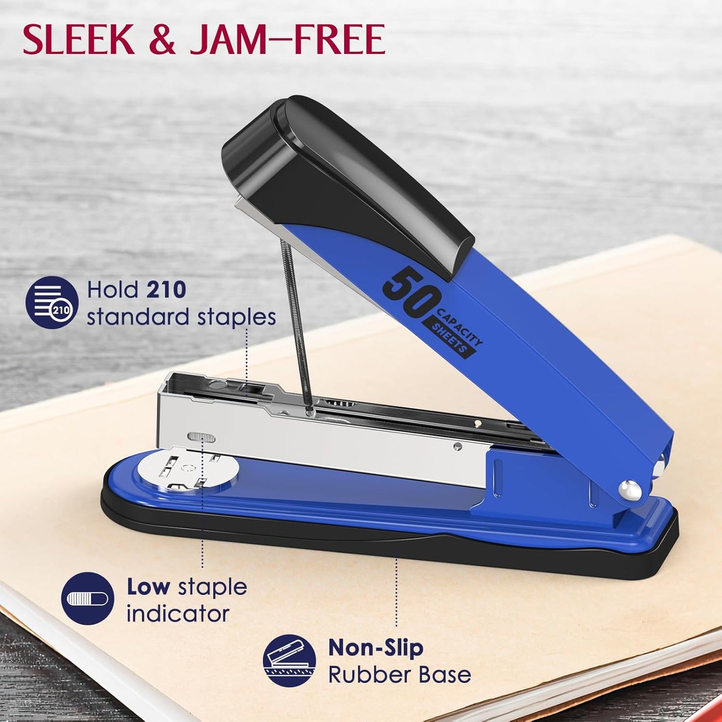 Metal Stapler Heavy Duty 50 Sheet Capacity with 1750 Staples and Staple Remover, Full Strip Staplers for Desk, No Jam, Non-Slip for Office & Classroom, Blue