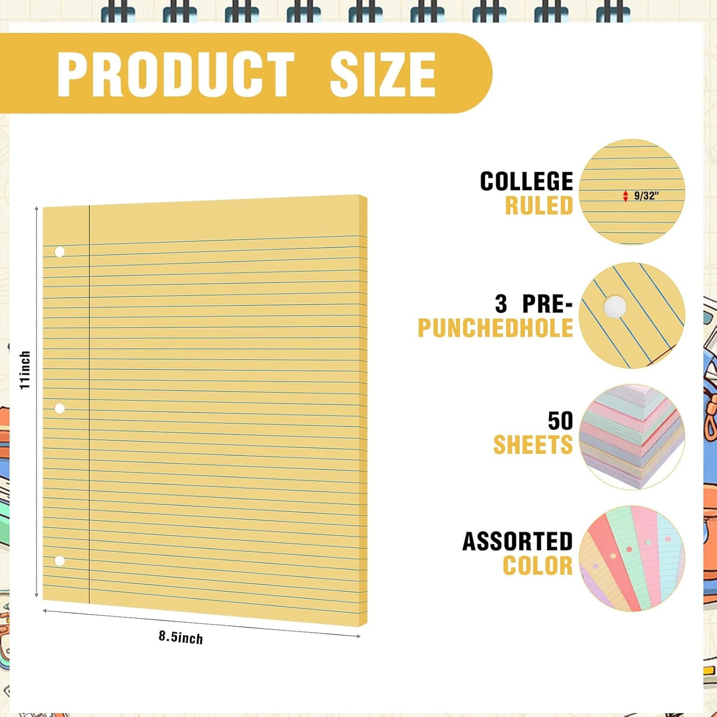 PerKoop 400 Sheets Colored Loose Leaf Paper 8.5" x 11" college ruled Lined 3 Hole Punched notebook Filler Paper for 3 Ring Binders Office School Supplies (Candy Colors)