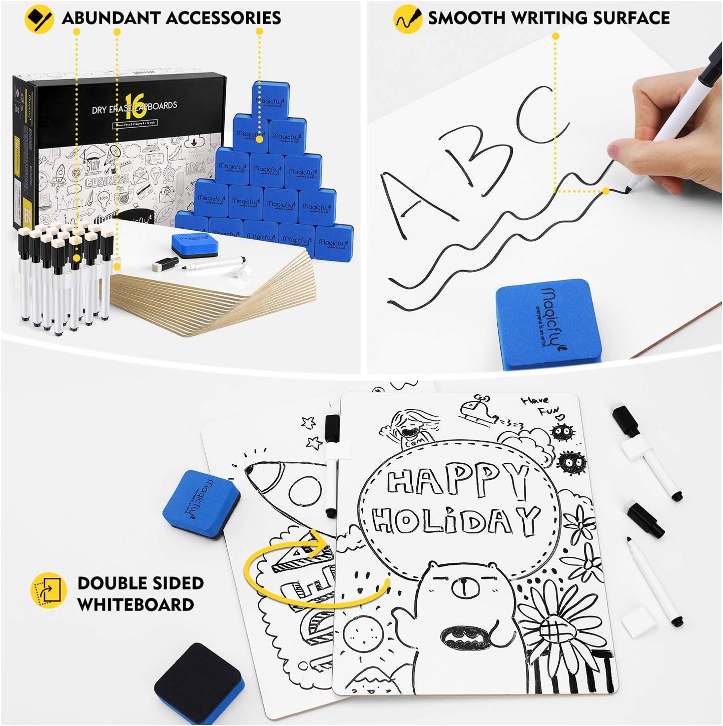 Magicfly Double-Sided Small White Board for Classroom, 9 x 12 Inches Dry Erase Lap Boards, Bulk Pack of 16 Mini White Board for Student, Teachers, Office, with 16 Pens, 16 Erasers & 16 Pen Clips