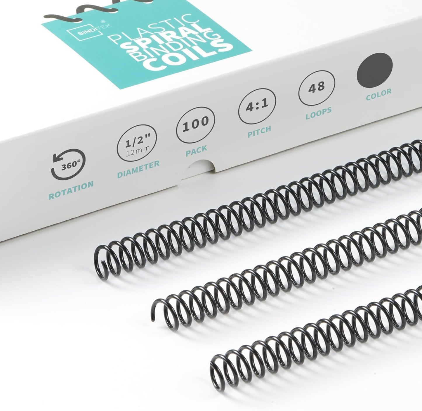 Binditek 100 Pack Plastic Spiral Binding Coils, 12mm(1/2"), 90 Sheet Capacity, 4:1 Pitch, Black, 48Loops, for Letter Size, for Students and Coworkers
