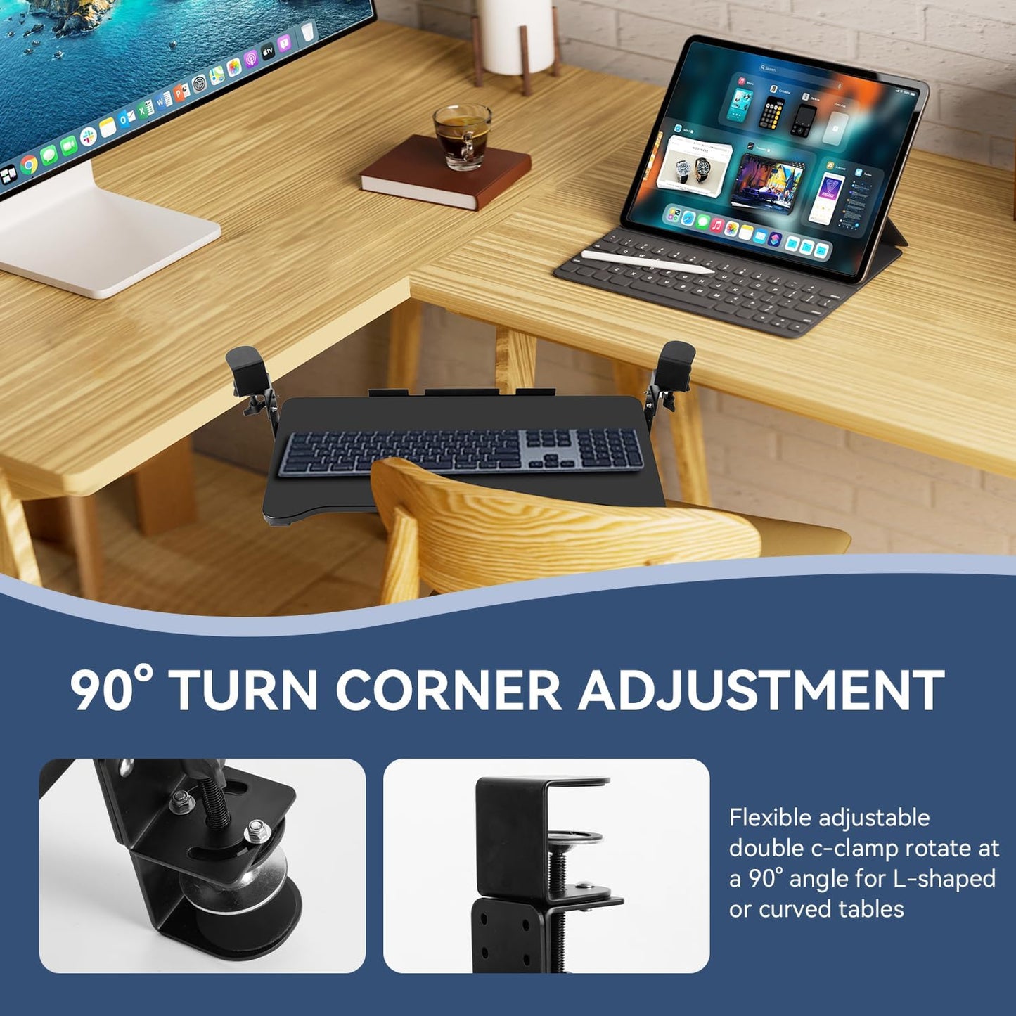 VUSIGN Keyboard Tray Under Desk Height Adjustable,Pull Out with Adjustable C Clamp Mount System for L-Shaped Tables, Extra Sturdy, 26.4” x 11.8” Slide-Out Platform Computer Drawer for Typing, Black