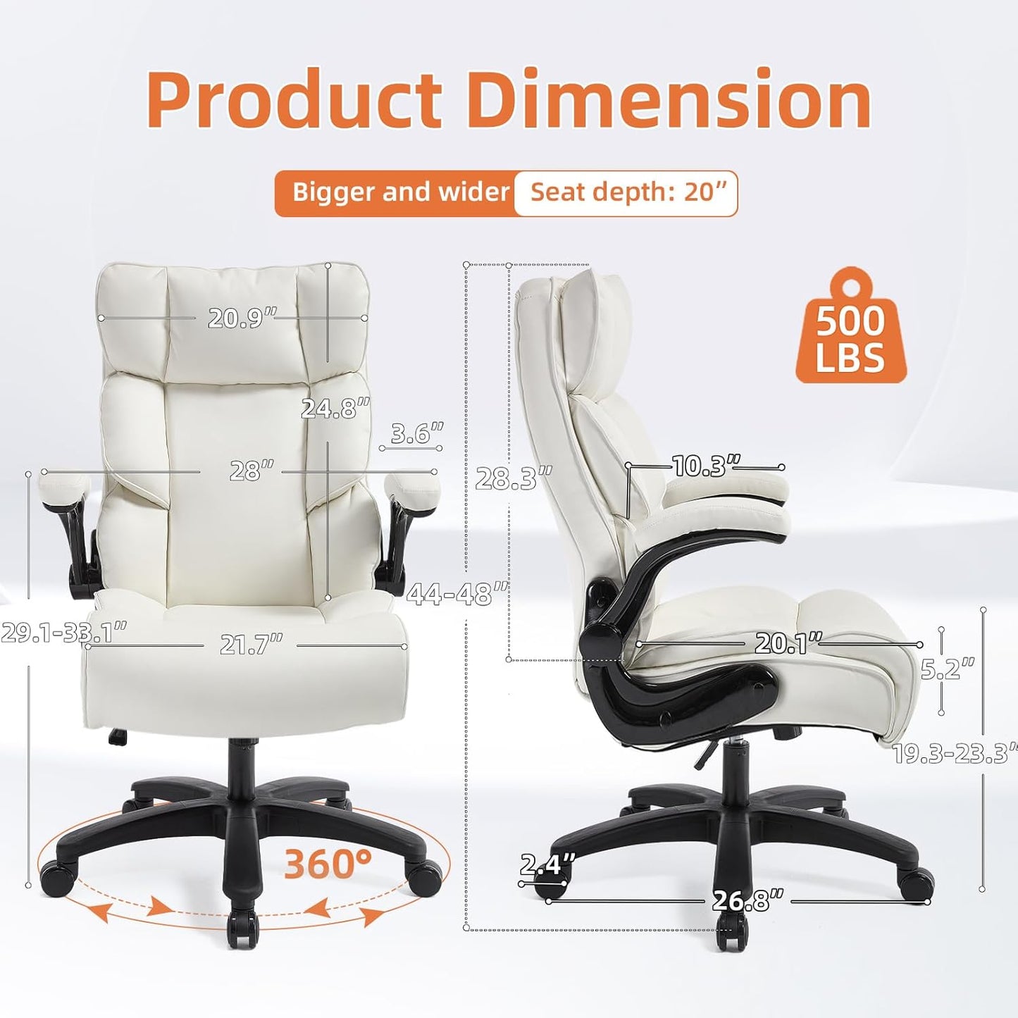 Big and Tall Office Chair 500lbs Wide Seat Executive Office Desk Chair High-Back Office Task Chair with Flip-Up Armrest, Ergonomic Lumbar Support Computer Office Chairs for Heavy People(White)