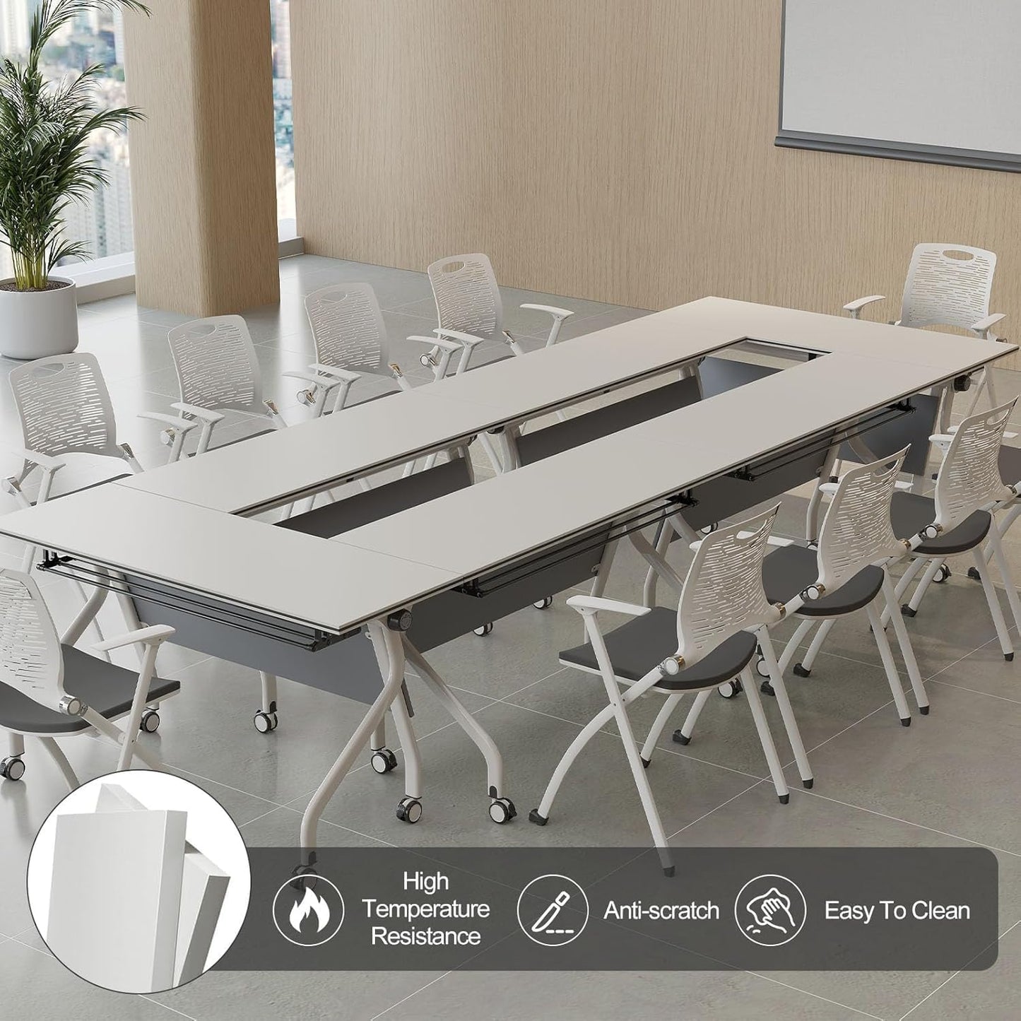 Conference Table, Folding Conference Desk Modern White, Seminar Table with Wheels, 2-10 People for Office, Meeting Break Room(6, 1606YH, 55IN)