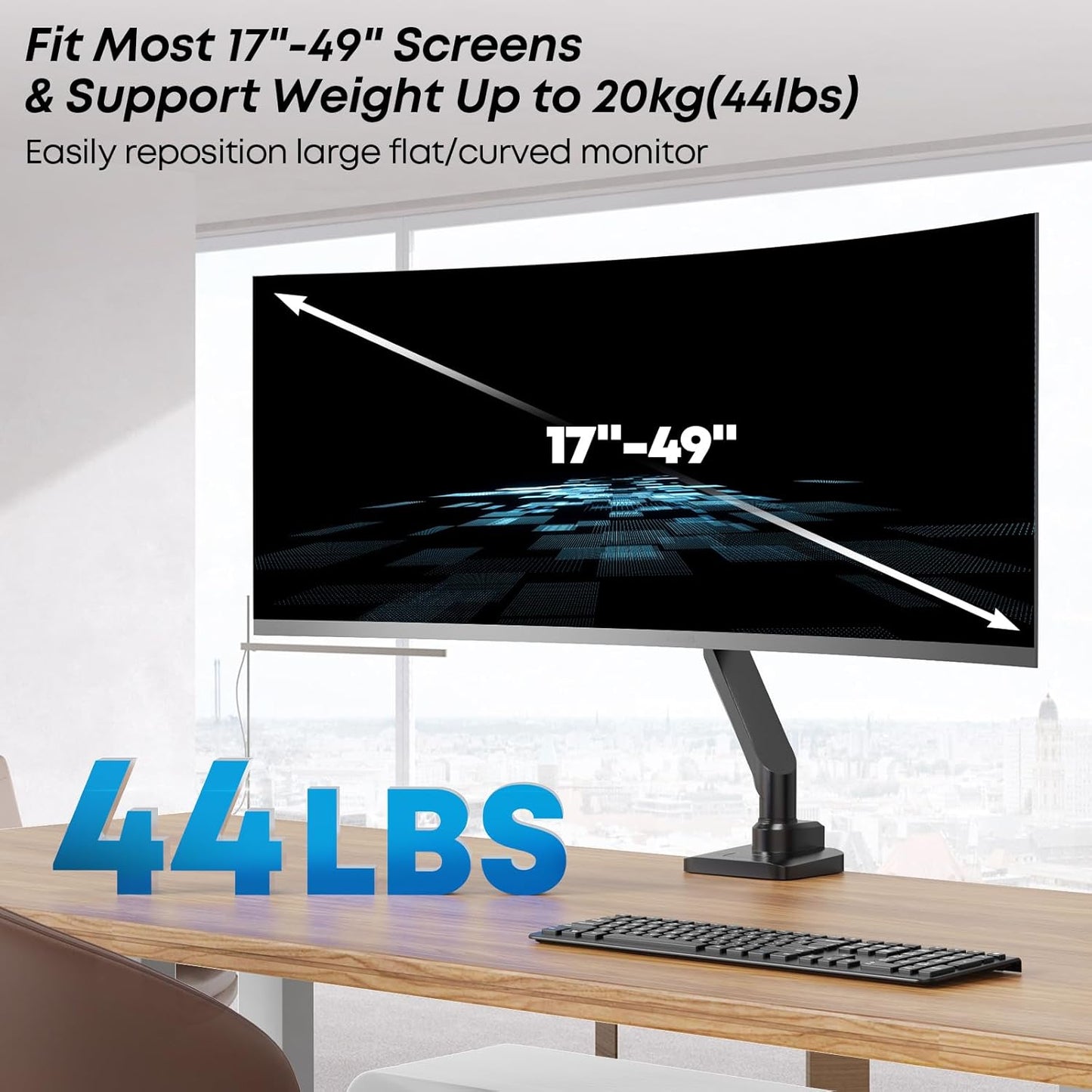 Premium Heavy Duty Monitor Arm for 17 to 49 inch Screens up to 44lbs, Fully Adjustable Ultrawide Single Clamp-on Desk Mount Stand, VESA 75x75/100x100mm (Black)