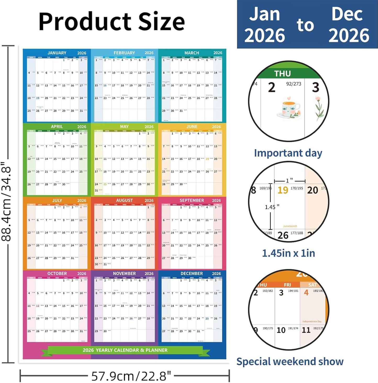 2026 Wall Calendar 34.8" x 22.8" Large Vertical Yearly Wall Hanging Calenda with Julian Date Thick Paper Calendar 12 Month Annual Wall Planner for Wall Office Fridge(Colorful)