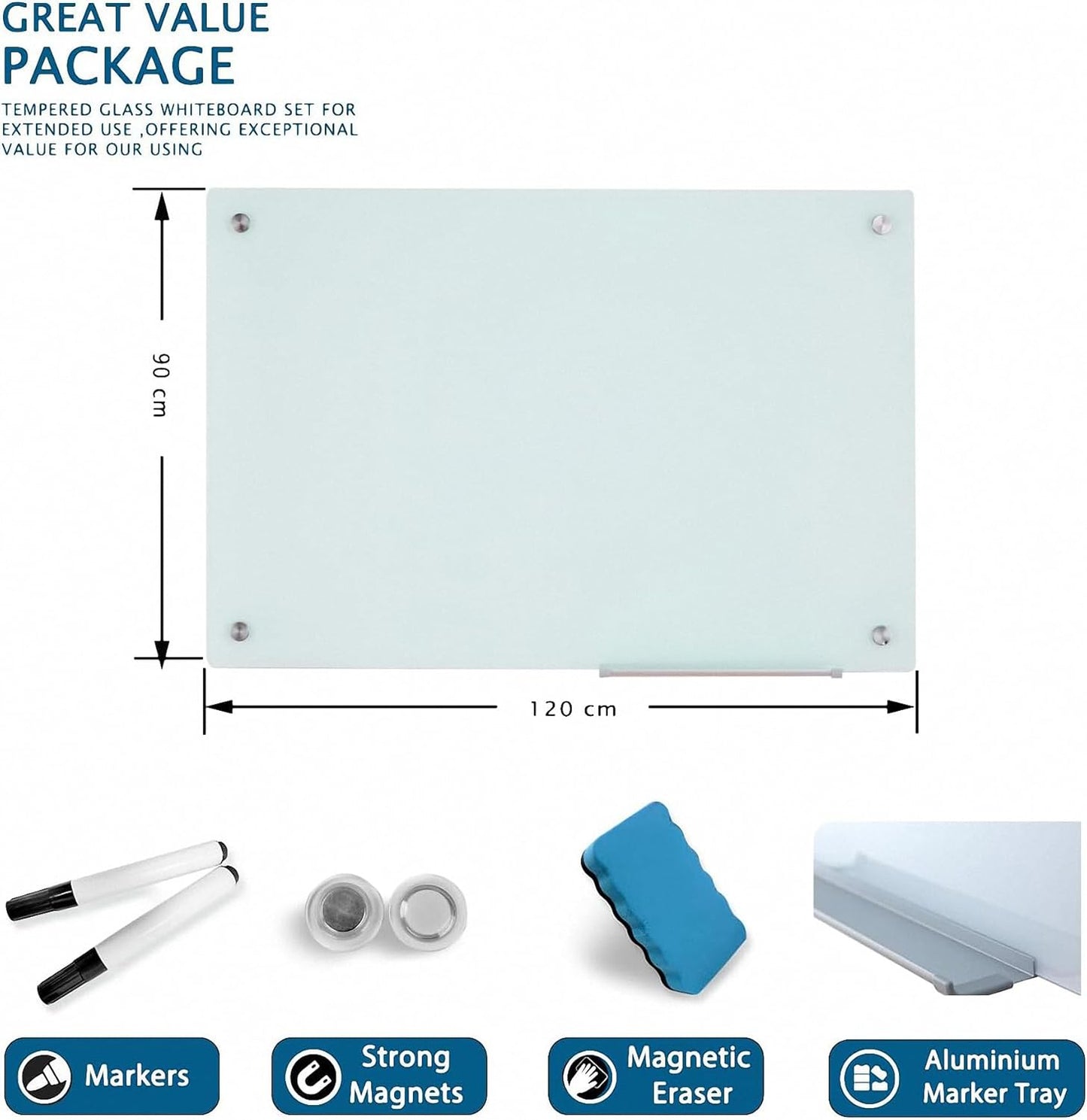 Magnetic Glass Writeboard 48"X36" Premium Tempered Dry Erase Boards Wall Mounted Frameless Whiteboard Bulletin Message Boards (White)