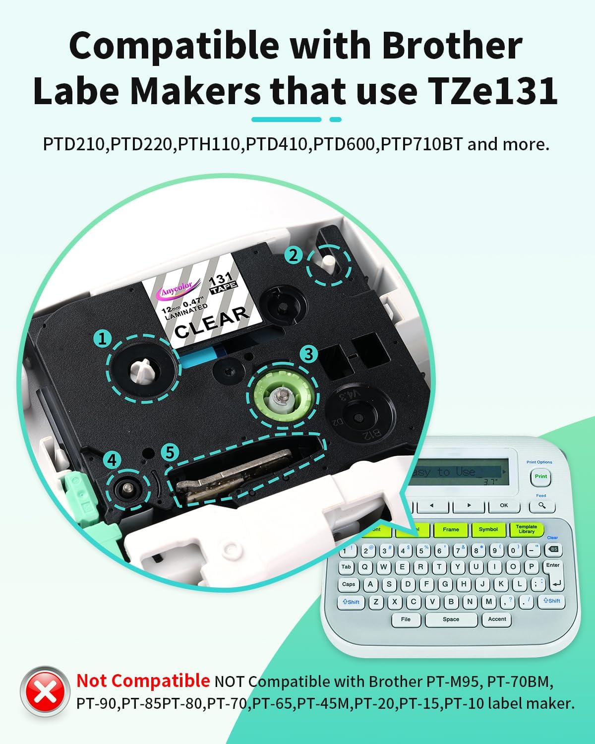 Anycolor 6-Pack Compatible with Brother P Touch TZe TZ Label Tape 12mm 0.47 Laminated (White/Clear/Red/Blue/Yellow/Green) for Ptouch PT-D210 PT-H110 PT-D220 PTD400 PTD410 Label Maker